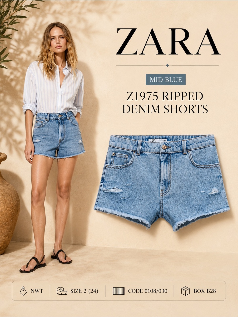 ZARA Z1975 Mid Blue Ripped Denim Shorts NWT Size 2 / 24